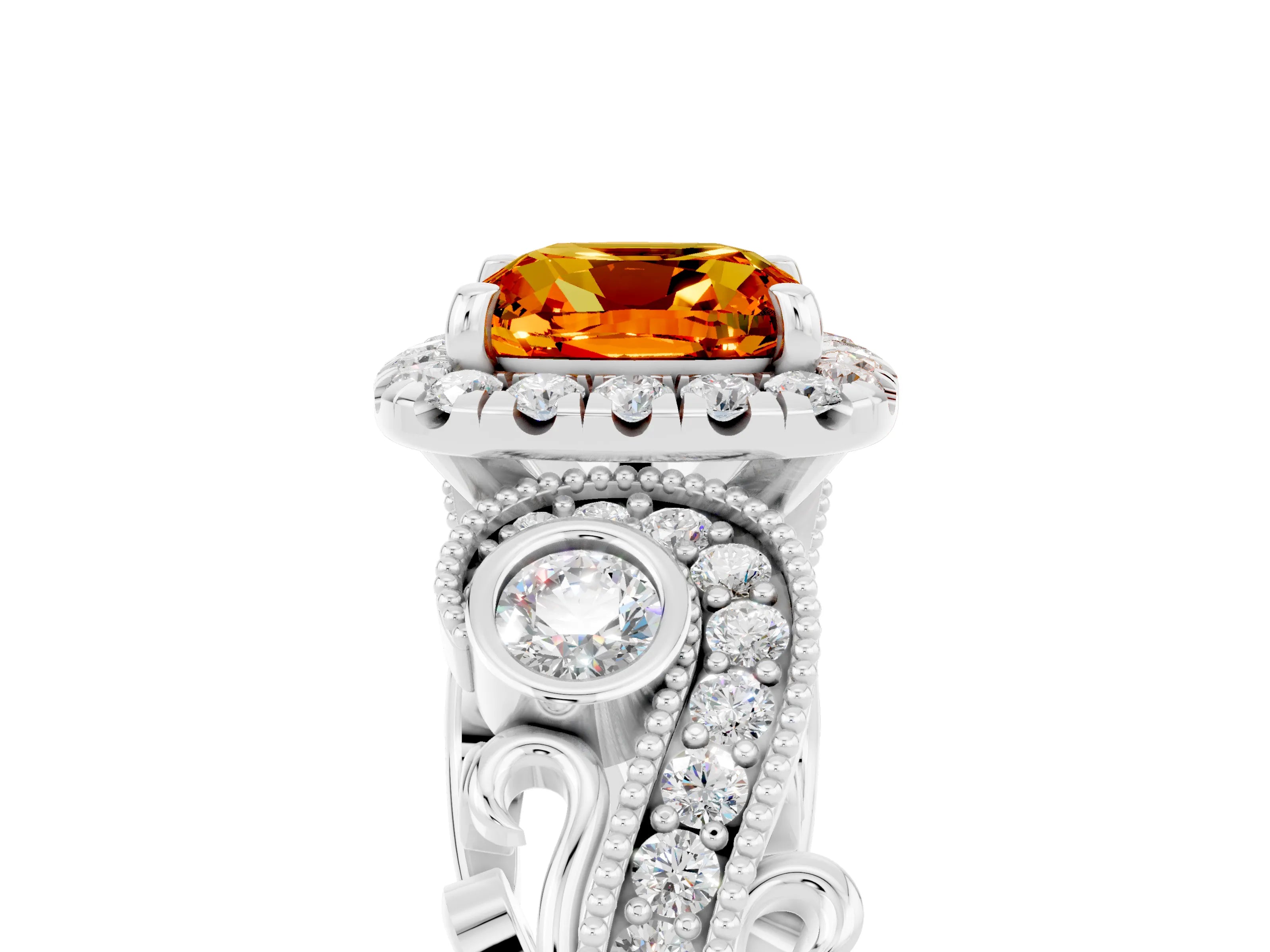 White gold Cushion Cut Citrine Halo Ring with Milgrain Pavé Band and Four-Prong Setting_17