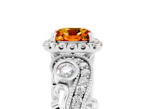 White gold Cushion Cut Citrine Halo Ring with Milgrain Pavé Band and Four-Prong Setting_17