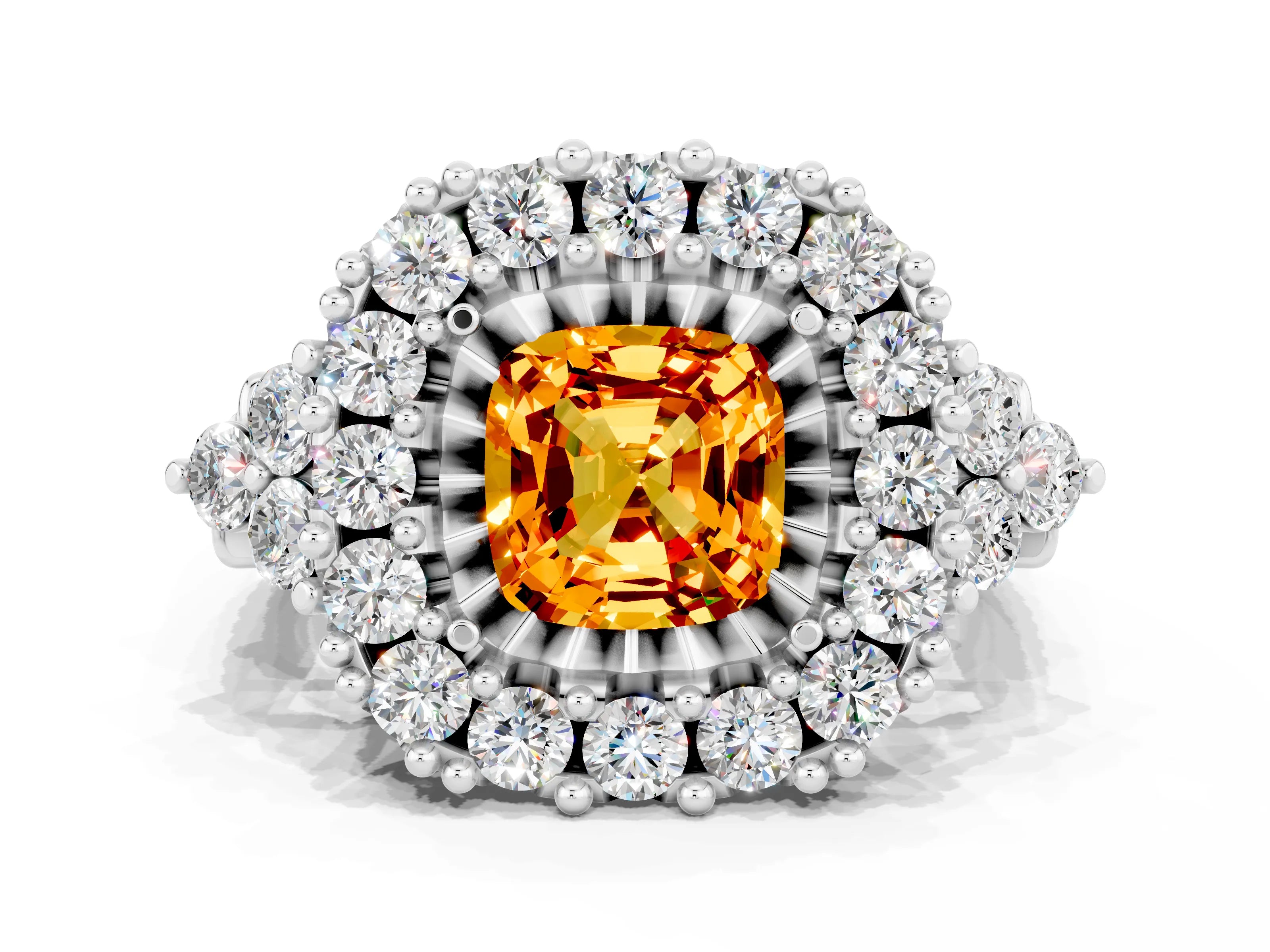 White gold Cushion Cut Citrine Halo Ring with Pavé Band and Four-Prong Setting_12