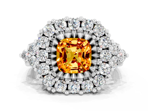 Silver Cushion Cut Citrine Halo Ring with Pavé Band and Four-Prong Setting
