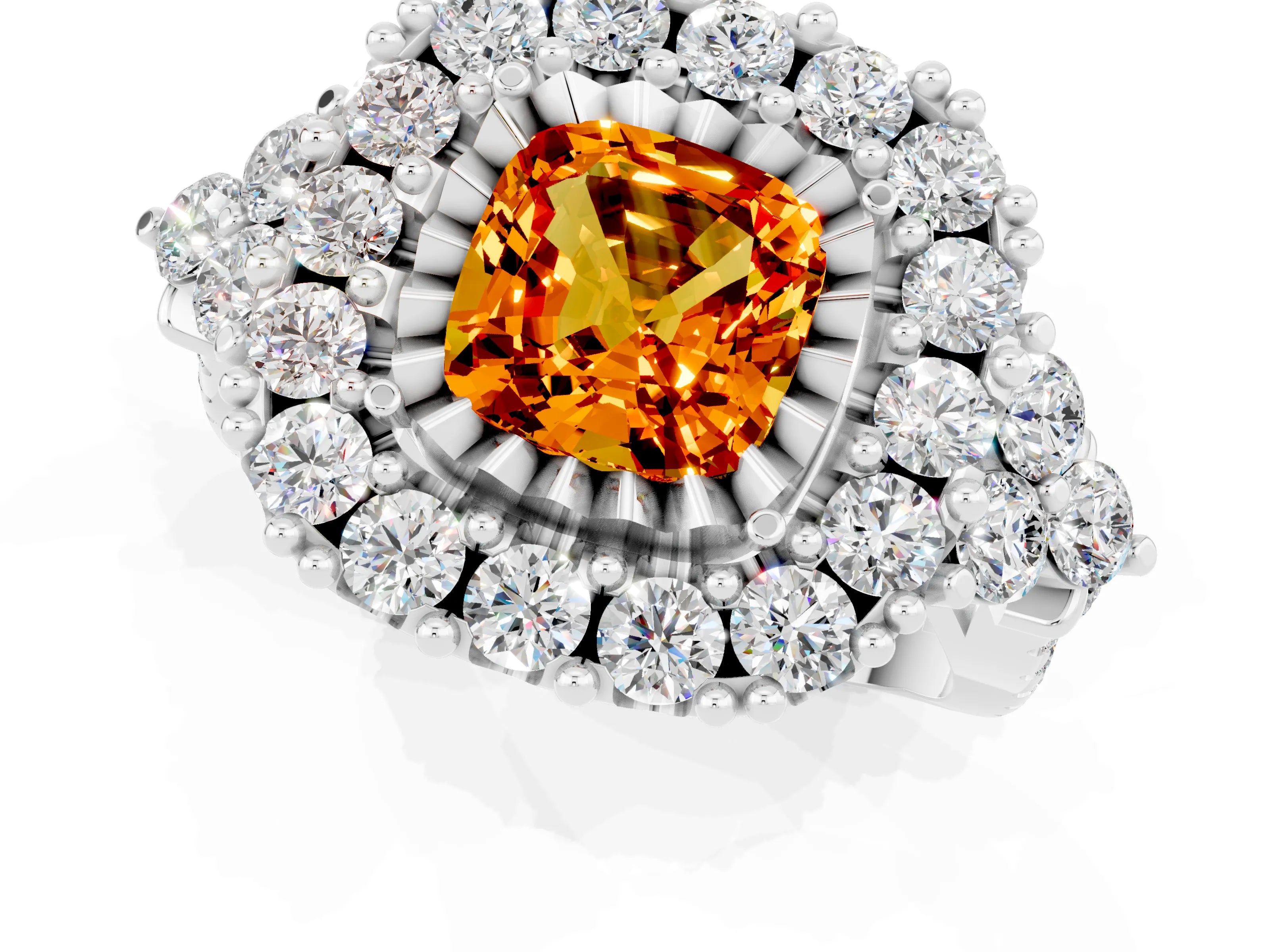White gold Cushion Cut Citrine Halo Ring with Pavé Band and Four-Prong Setting_13