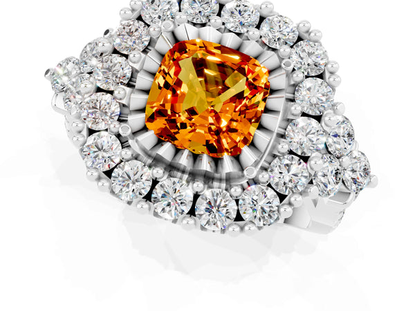 White gold Cushion Cut Citrine Halo Ring with Pavé Band and Four-Prong Setting