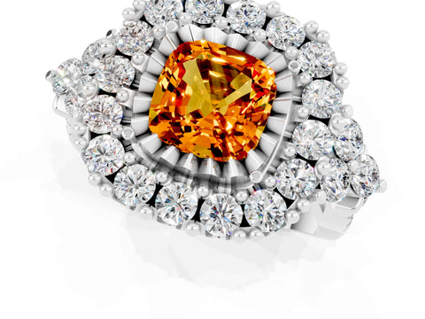 White gold Cushion Cut Citrine Halo Ring with Pavé Band and Four-Prong Setting_13