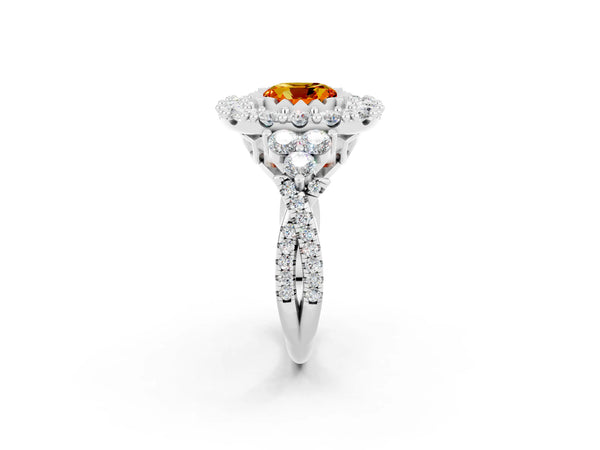 Silver Cushion Cut Citrine Halo Ring with Pavé Band and Four-Prong Setting