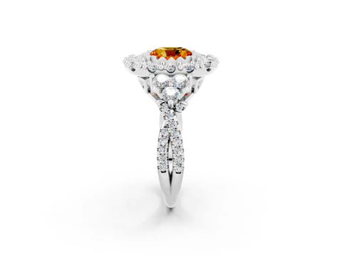 White gold Cushion Cut Citrine Halo Ring with Pavé Band and Four-Prong Setting_14