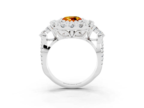 White gold Cushion Cut Citrine Halo Ring with Pavé Band and Four-Prong Setting_15