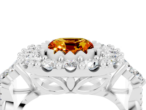 White gold Cushion Cut Citrine Halo Ring with Pavé Band and Four-Prong Setting_16
