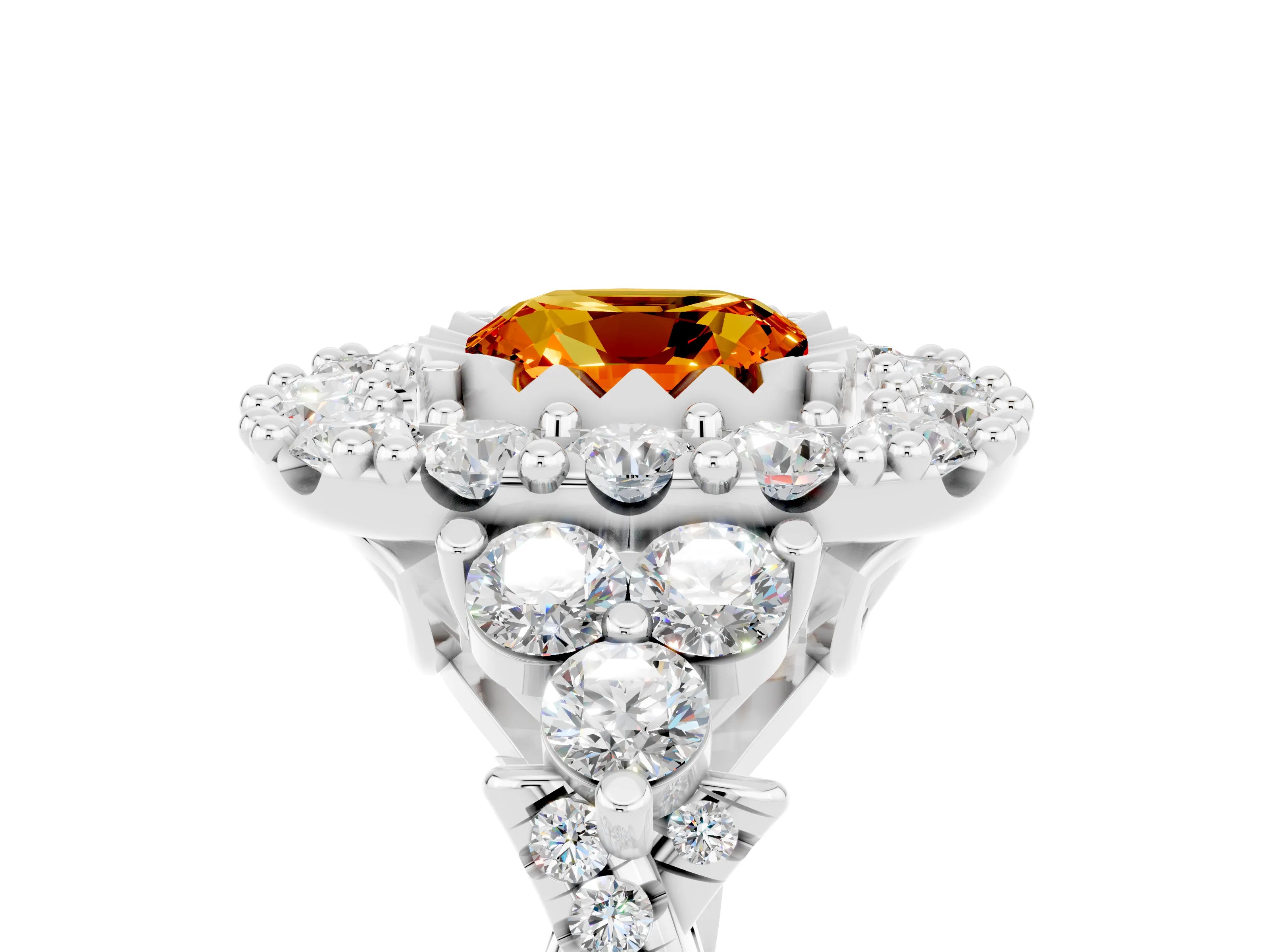 White gold Cushion Cut Citrine Halo Ring with Pavé Band and Four-Prong Setting_17