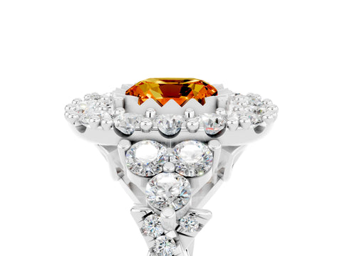 White gold Cushion Cut Citrine Halo Ring with Pavé Band and Four-Prong Setting_17