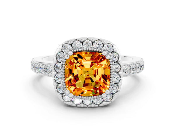 Platinum Cushion Cut Citrine Halo Ring with Pavé Band and Prong Setting