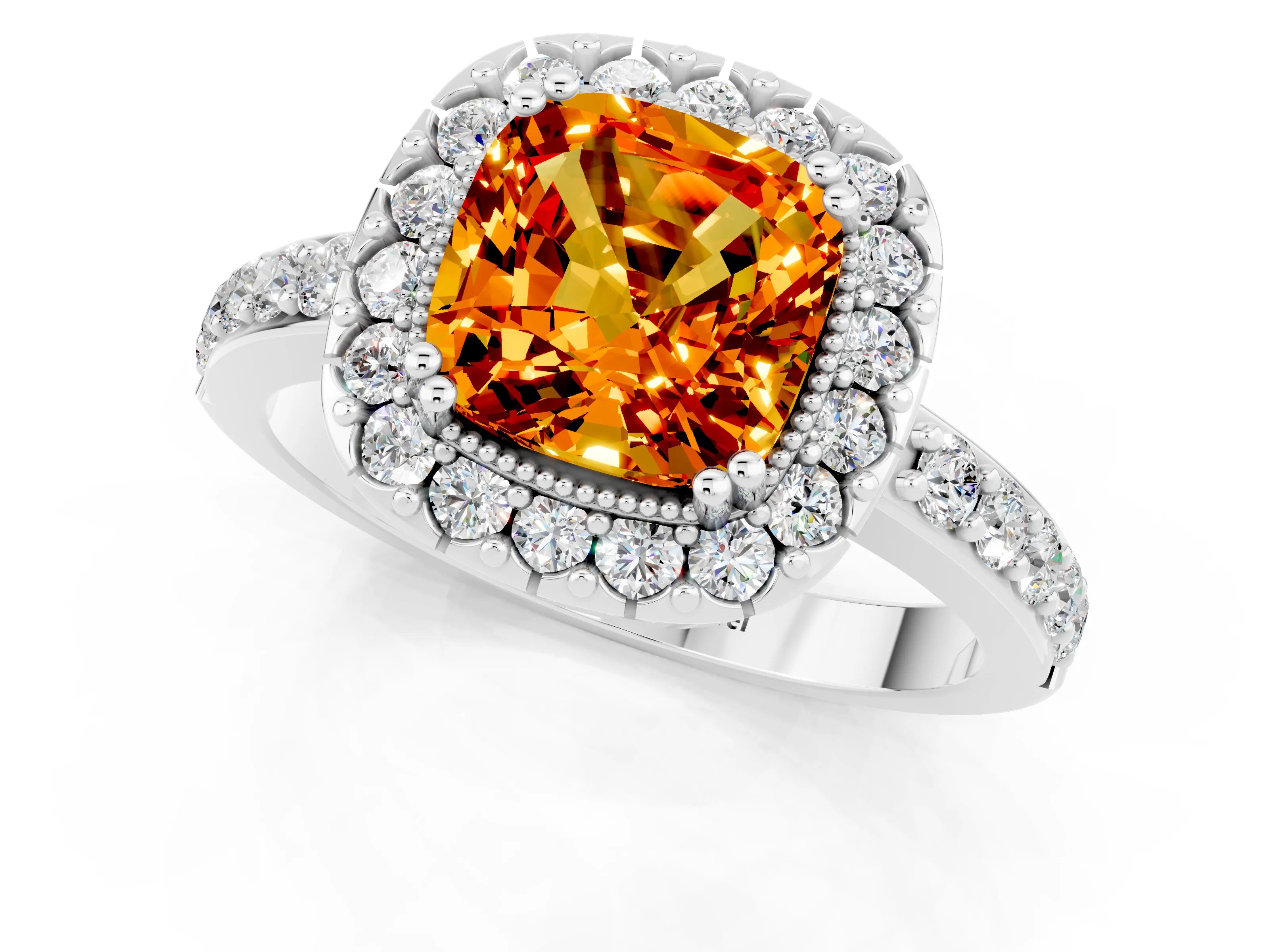 White gold Cushion Cut Citrine Halo Ring with Pavé Band and Prong Setting_1