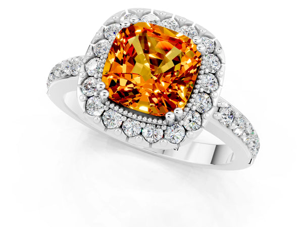 Platinum Cushion Cut Citrine Halo Ring with Pavé Band and Prong Setting