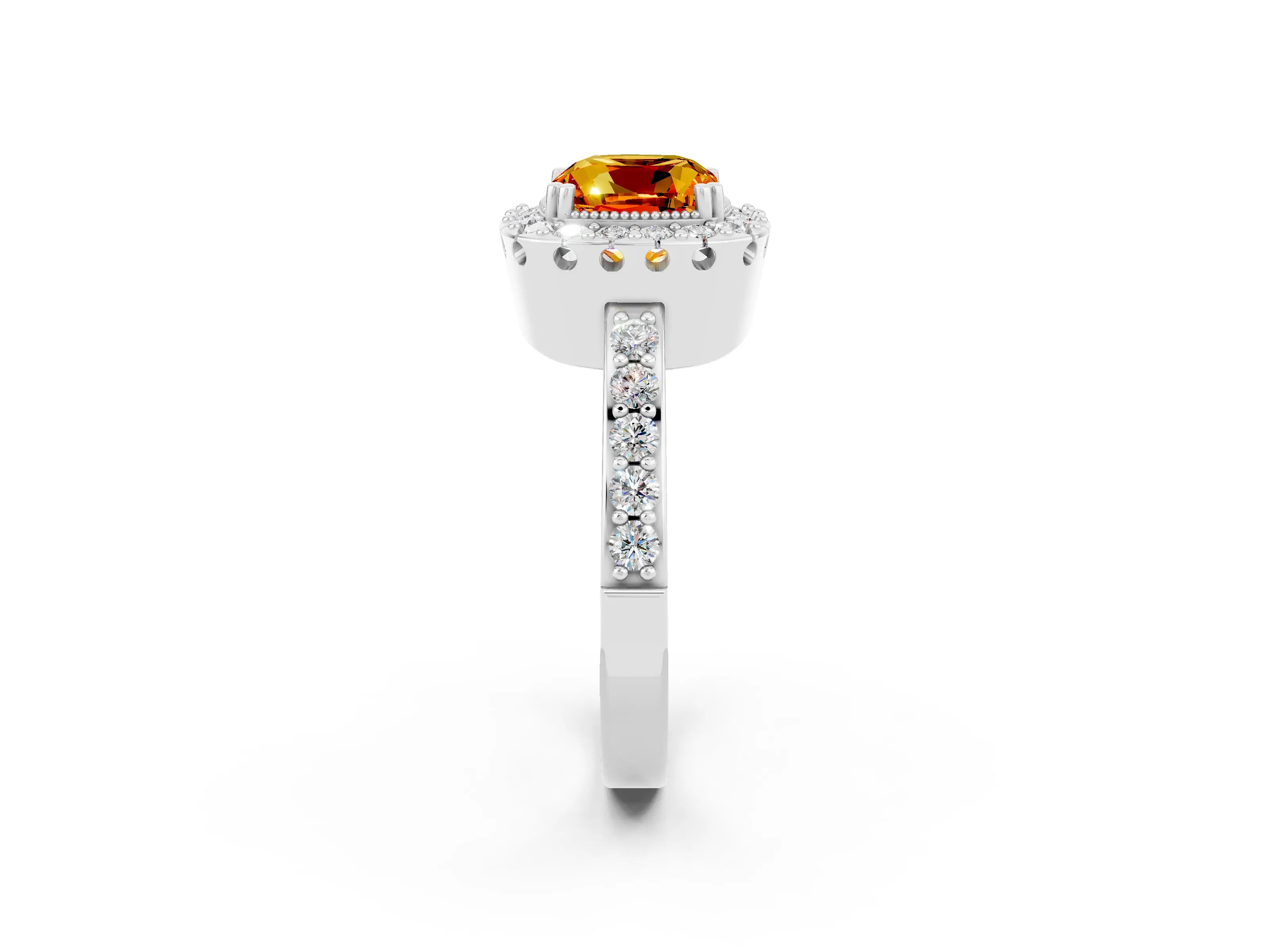 White gold Cushion Cut Citrine Halo Ring with Pavé Band and Prong Setting_2