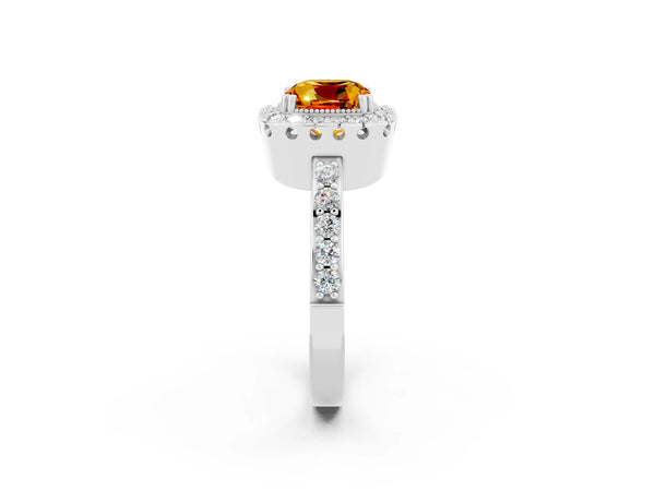 Silver Cushion Cut Citrine Halo Ring with Pavé Band and Prong Setting