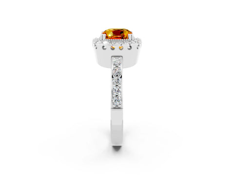 White gold Cushion Cut Citrine Halo Ring with Pavé Band and Prong Setting_2