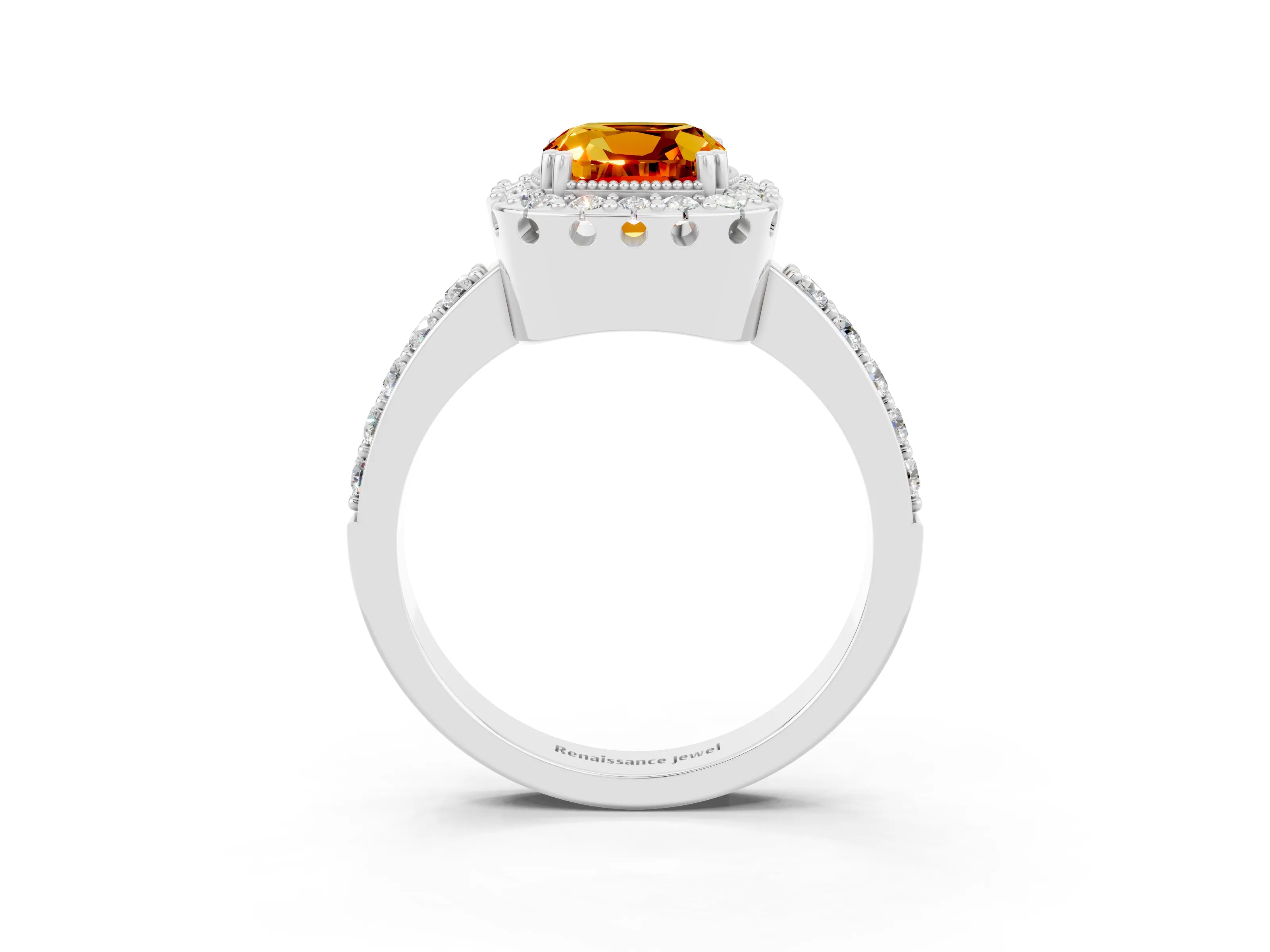 White gold Cushion Cut Citrine Halo Ring with Pavé Band and Prong Setting_3