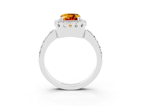 White gold Cushion Cut Citrine Halo Ring with Pavé Band and Prong Setting