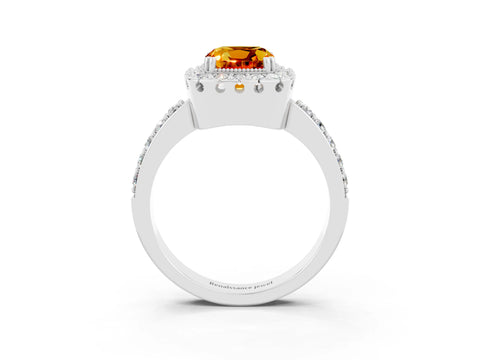 White gold Cushion Cut Citrine Halo Ring with Pavé Band and Prong Setting_3