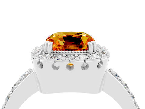 White gold Cushion Cut Citrine Halo Ring with Pavé Band and Prong Setting_4
