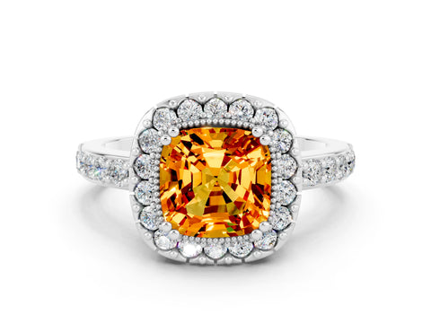 White gold Cushion Cut Citrine Halo Ring with Pavé Band and Prong Setting