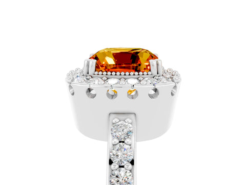 White gold Cushion Cut Citrine Halo Ring with Pavé Band and Prong Setting_5