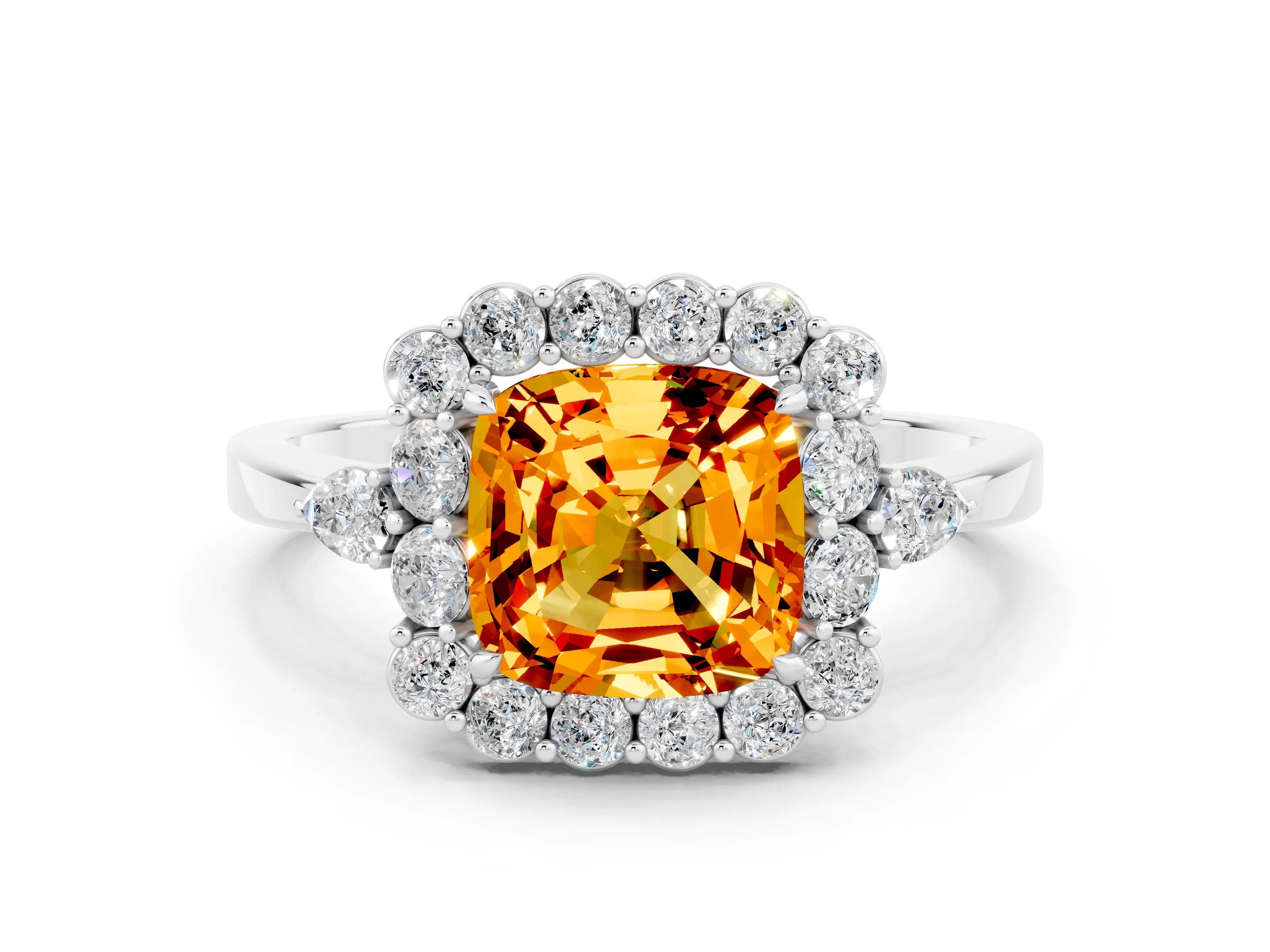 White gold Cushion Cut Citrine Halo Ring with Pear Side Stones and Prong Setting_24