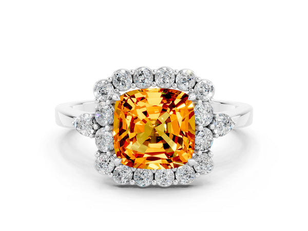 Platinum Cushion Cut Citrine Halo Ring with Pear Side Stones and Prong Setting