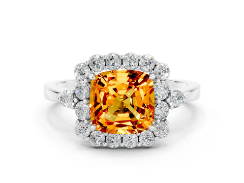 White gold Cushion Cut Citrine Halo Ring with Pear Side Stones and Prong Setting_24