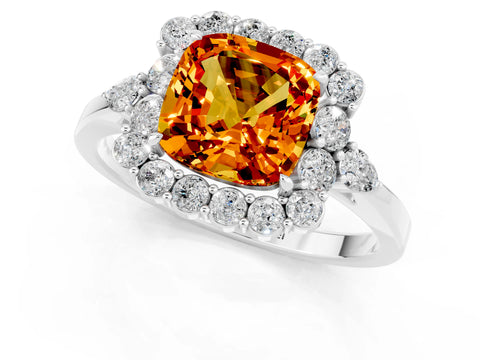 White gold Cushion Cut Citrine Halo Ring with Pear Side Stones and Prong Setting_25