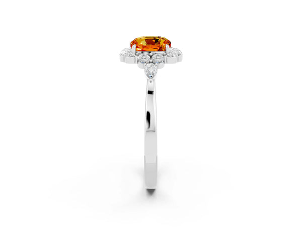 Platinum Cushion Cut Citrine Halo Ring with Pear Side Stones and Prong Setting