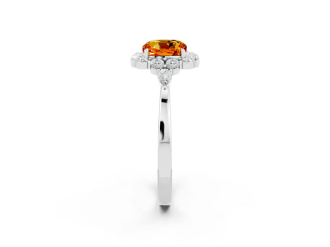 White gold Cushion Cut Citrine Halo Ring with Pear Side Stones and Prong Setting_26