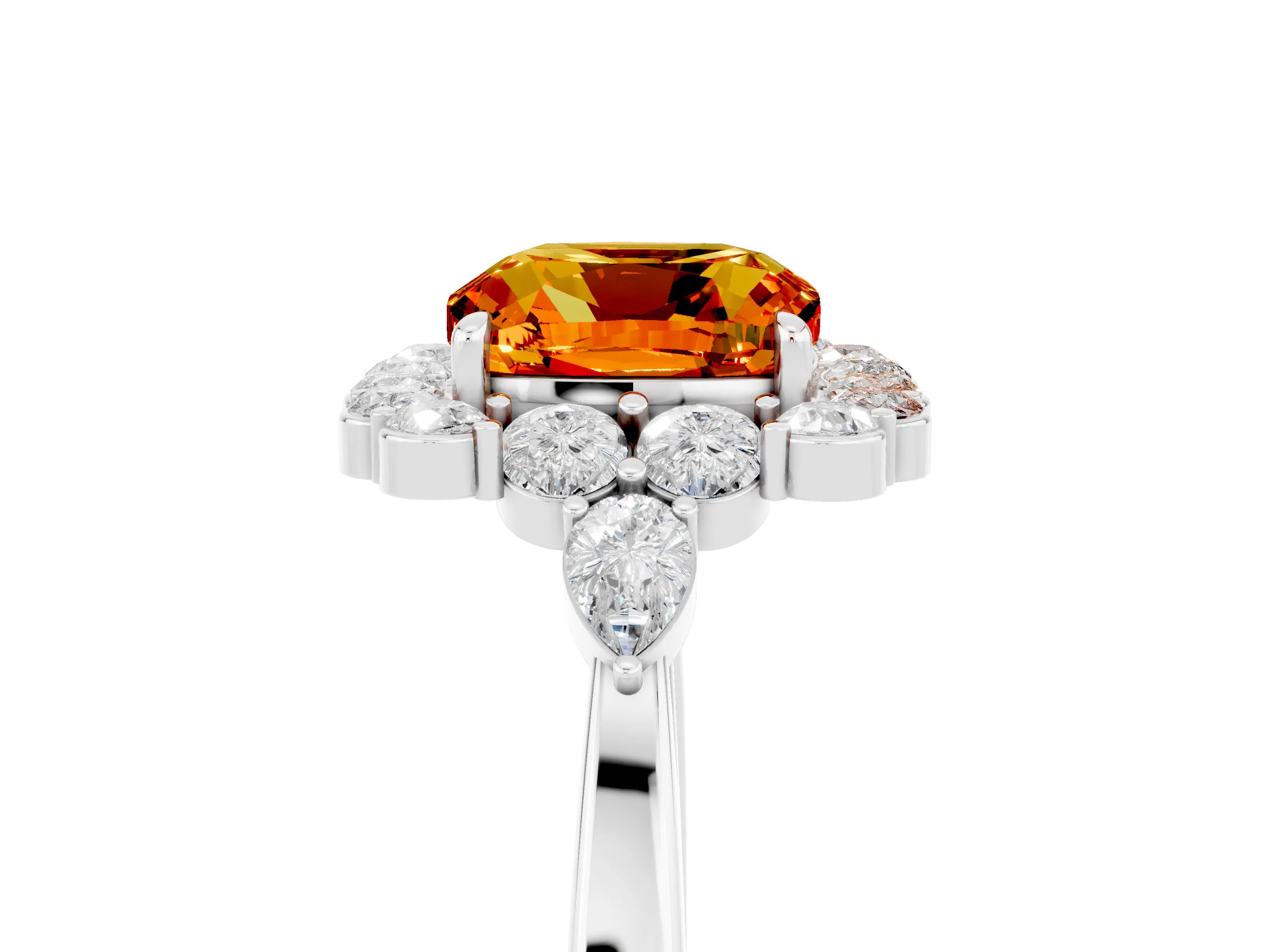 White gold Cushion Cut Citrine Halo Ring with Pear Side Stones and Prong Setting_29