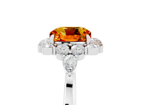 White gold Cushion Cut Citrine Halo Ring with Pear Side Stones and Prong Setting_29