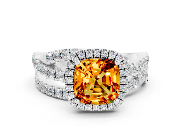 White gold Cushion Cut Citrine Halo Ring with Round Split Shank and Prong Setting
