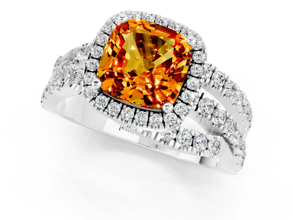 Platinum Cushion Cut Citrine Halo Ring with Round Split Shank and Prong Setting