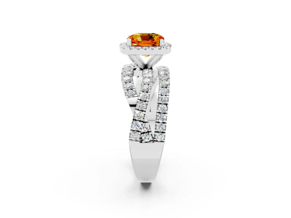 Silver Cushion Cut Citrine Halo Ring with Round Split Shank and Prong Setting
