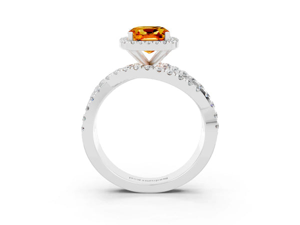 Platinum Cushion Cut Citrine Halo Ring with Round Split Shank and Prong Setting