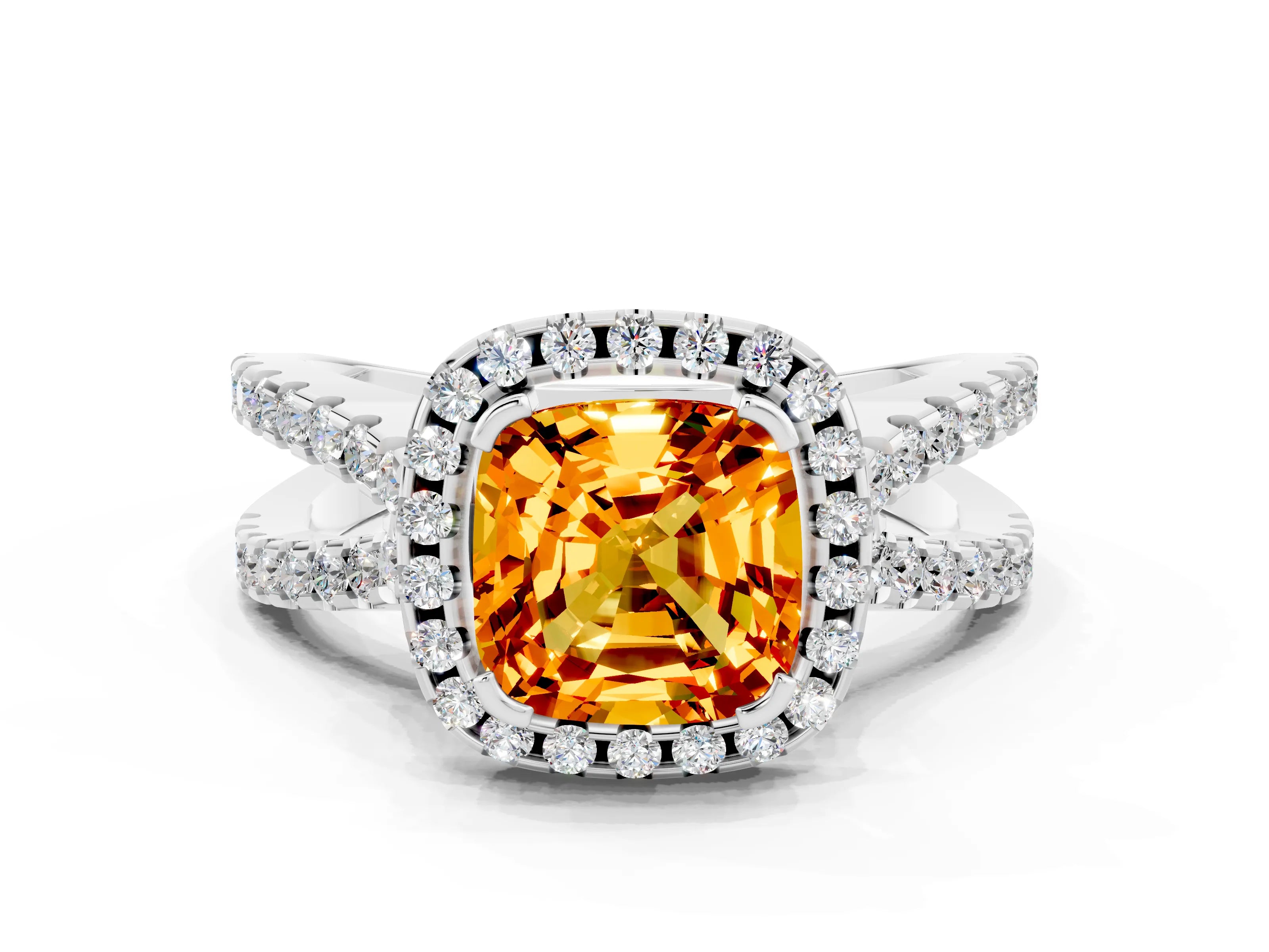White gold Cushion Cut Citrine Halo Ring with Split Shank Pavé Band and Prong Setting