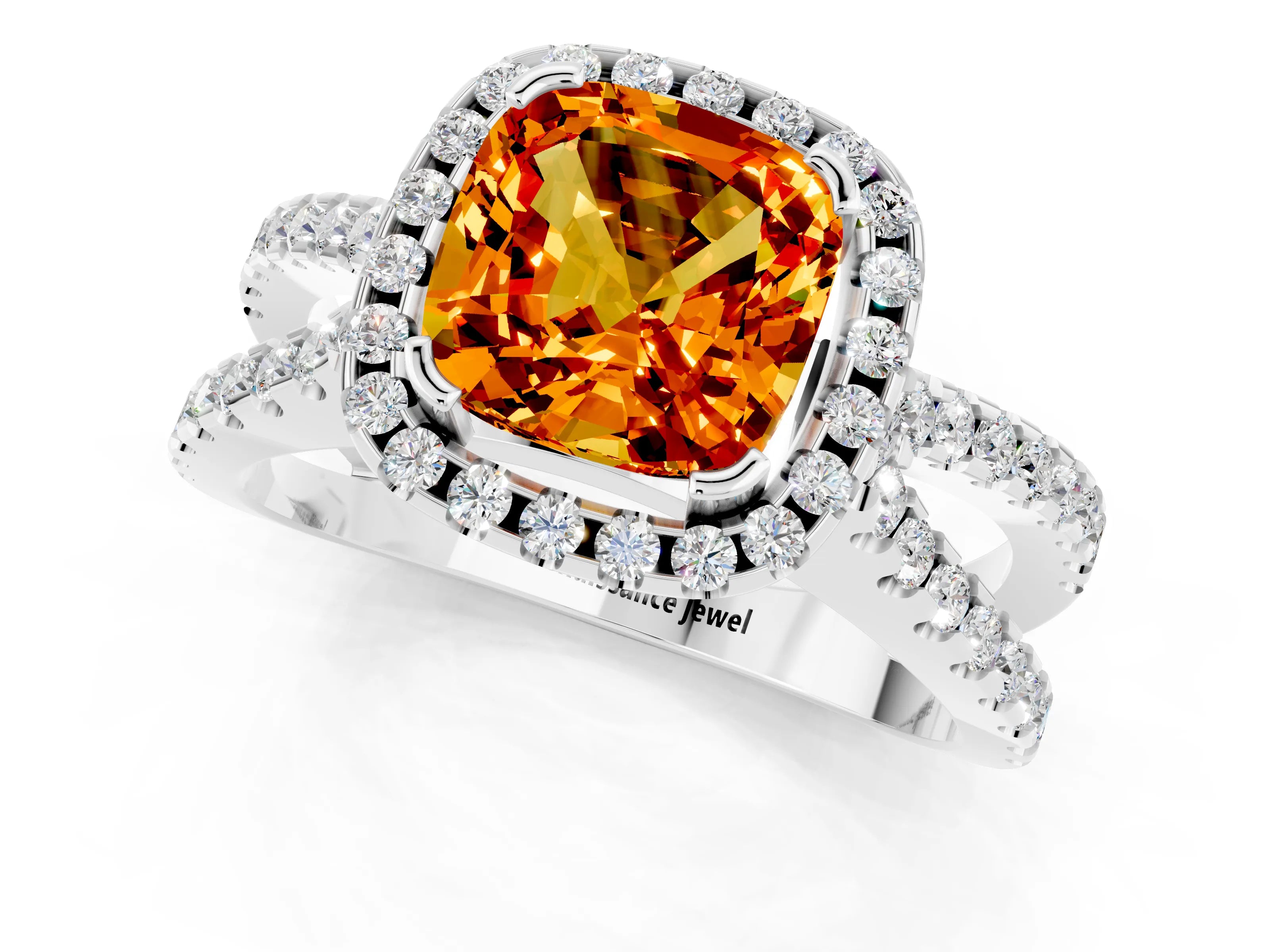 White gold Cushion Cut Citrine Halo Ring with Split Shank Pavé Band and Prong Setting_1