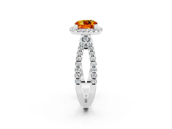 Platinum Cushion Cut Citrine Halo Ring with Split Shank Pavé Band and Prong Setting