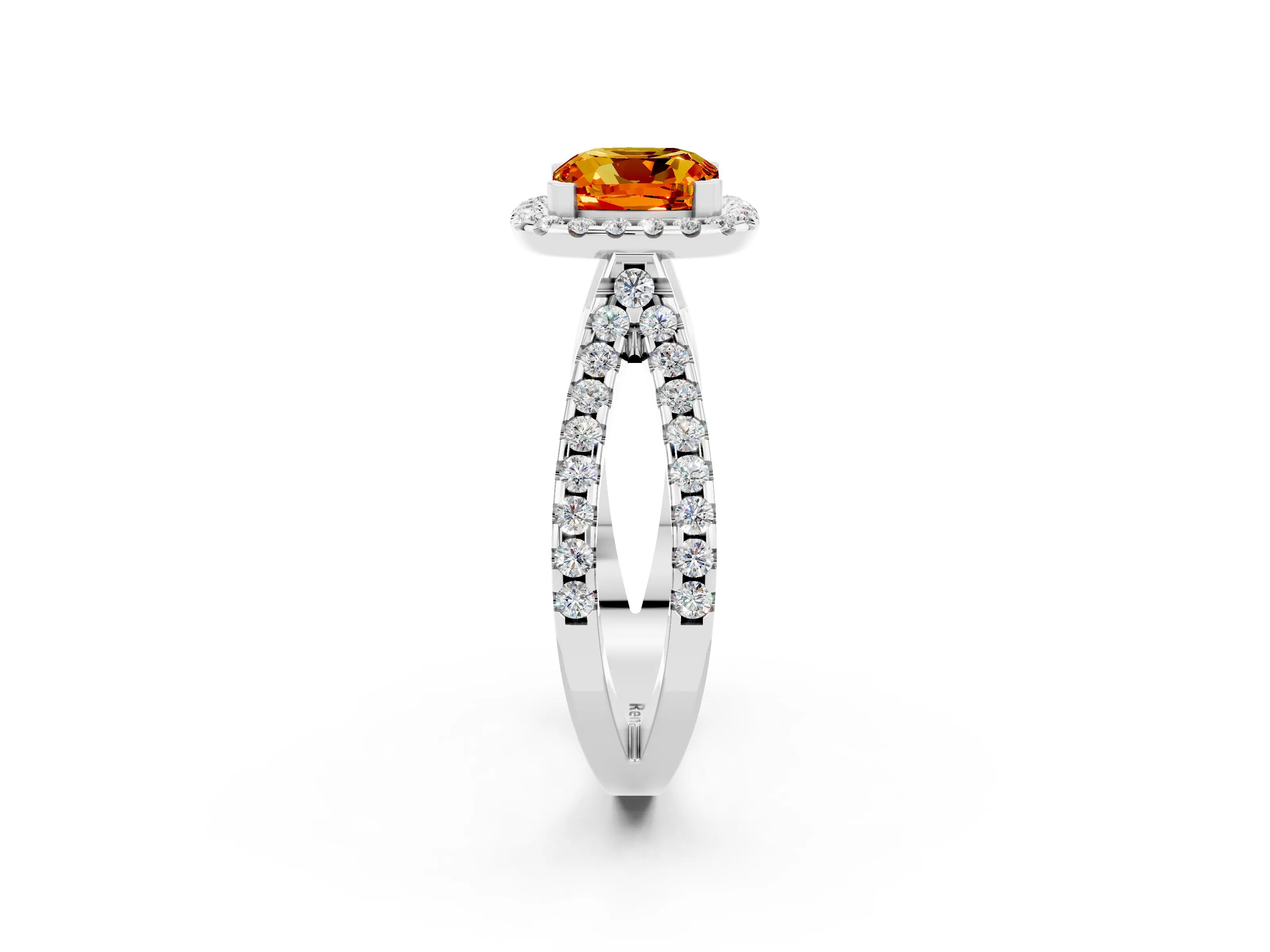White gold Cushion Cut Citrine Halo Ring with Split Shank Pavé Band and Prong Setting_2