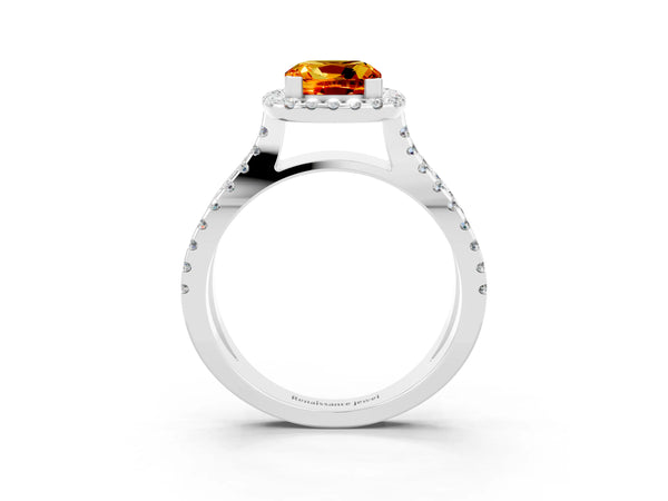 Platinum Cushion Cut Citrine Halo Ring with Split Shank Pavé Band and Prong Setting