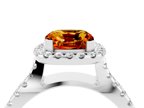 White gold Cushion Cut Citrine Halo Ring with Split Shank Pavé Band and Prong Setting_4