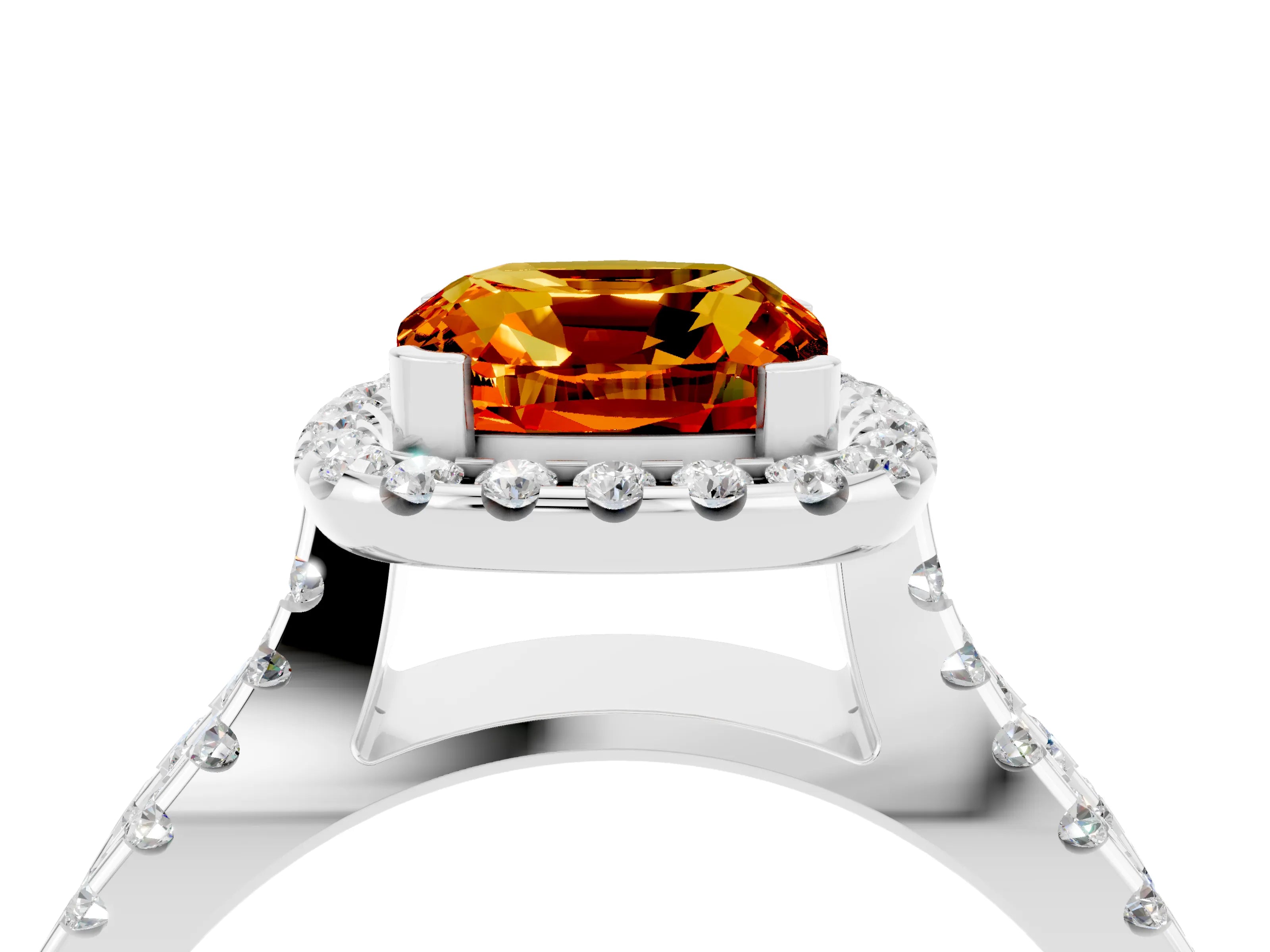 White gold Cushion Cut Citrine Halo Ring with Split Shank Pavé Band and Prong Setting_4