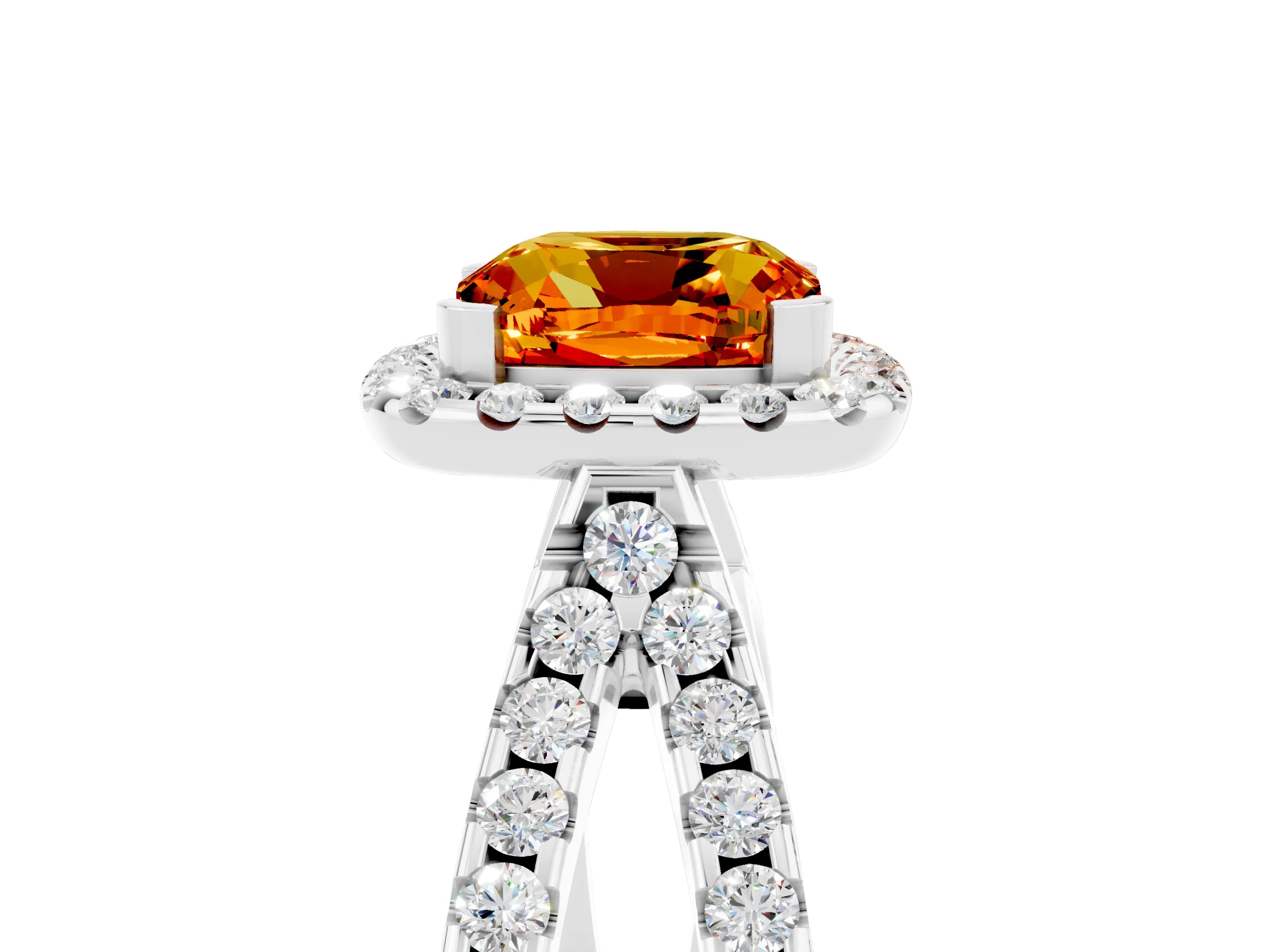 White gold Cushion Cut Citrine Halo Ring with Split Shank Pavé Band and Prong Setting_5