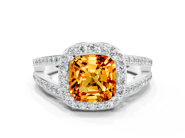 Silver Cushion Cut Citrine Halo Ring with Split Shank U-Prong Band and Four-Prong Setting