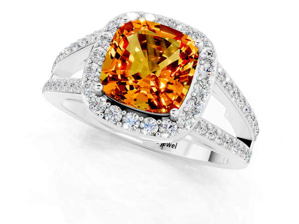 Platinum Cushion Cut Citrine Halo Ring with Split Shank U-Prong Band and Four-Prong Setting