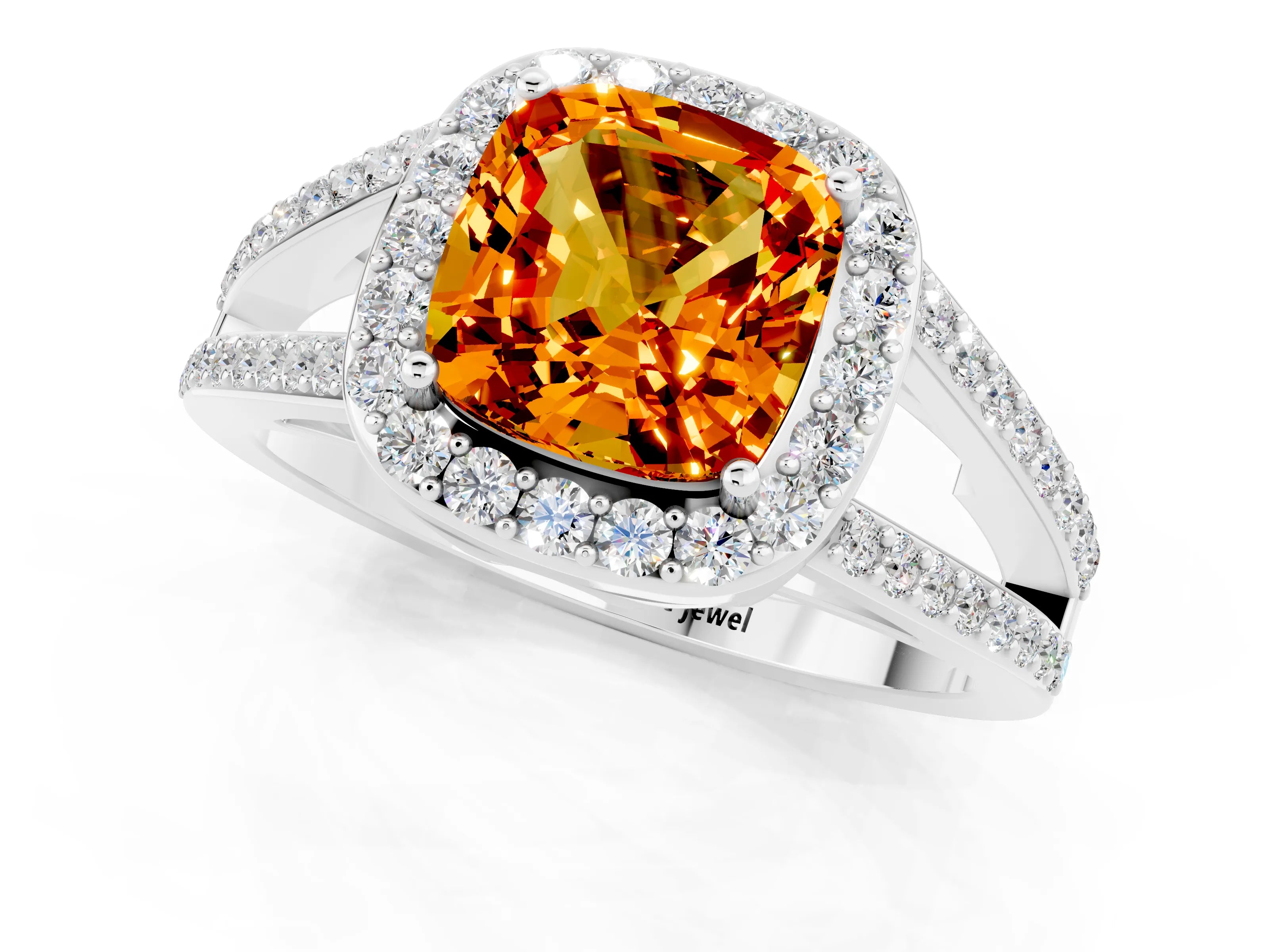 White gold Cushion Cut Citrine Halo Ring with Split Shank U-Prong Band and Four-Prong Setting_1