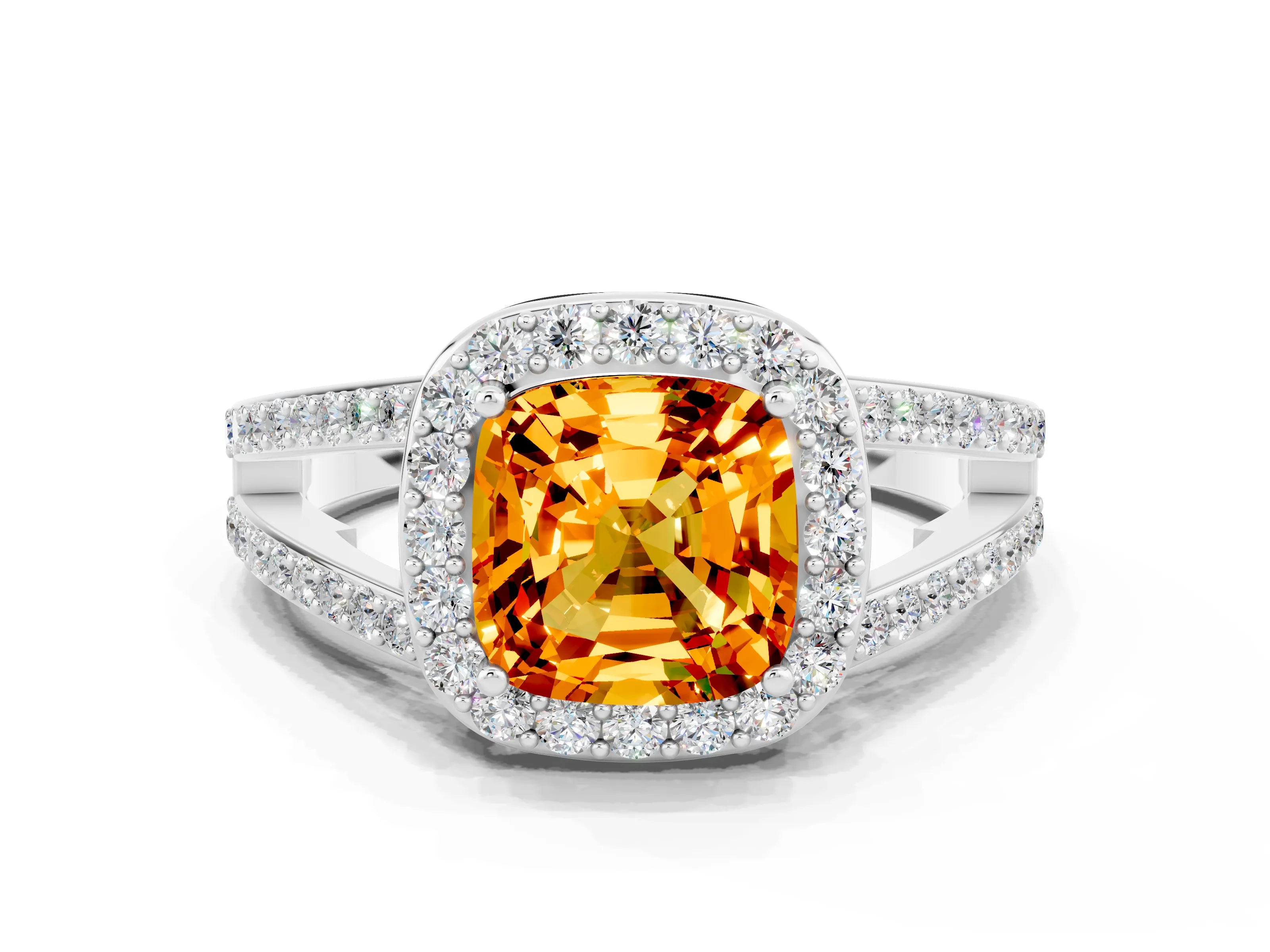 White gold Cushion Cut Citrine Halo Ring with Split Shank U-Prong Band and Four-Prong Setting