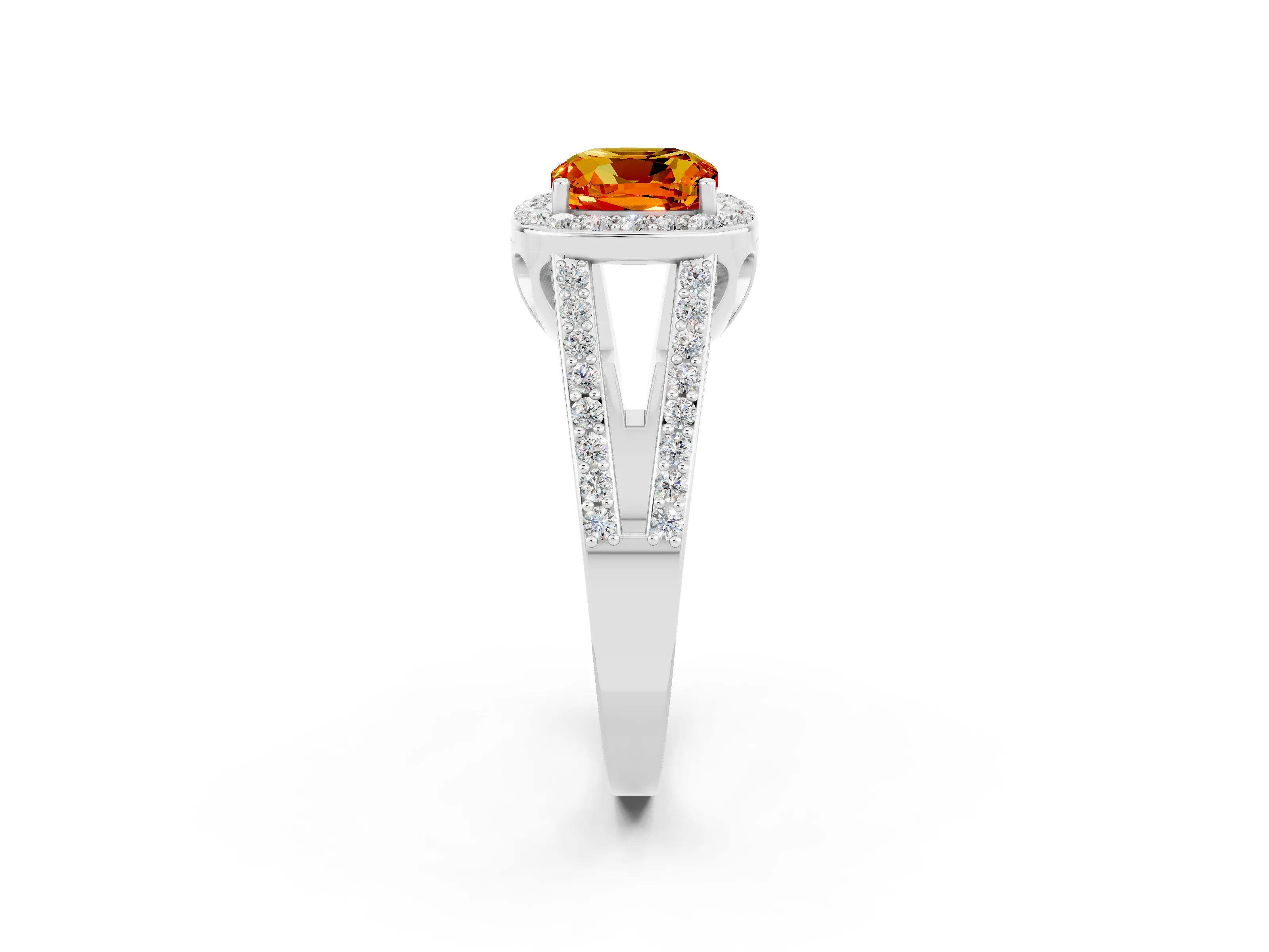 White gold Cushion Cut Citrine Halo Ring with Split Shank U-Prong Band and Four-Prong Setting_2